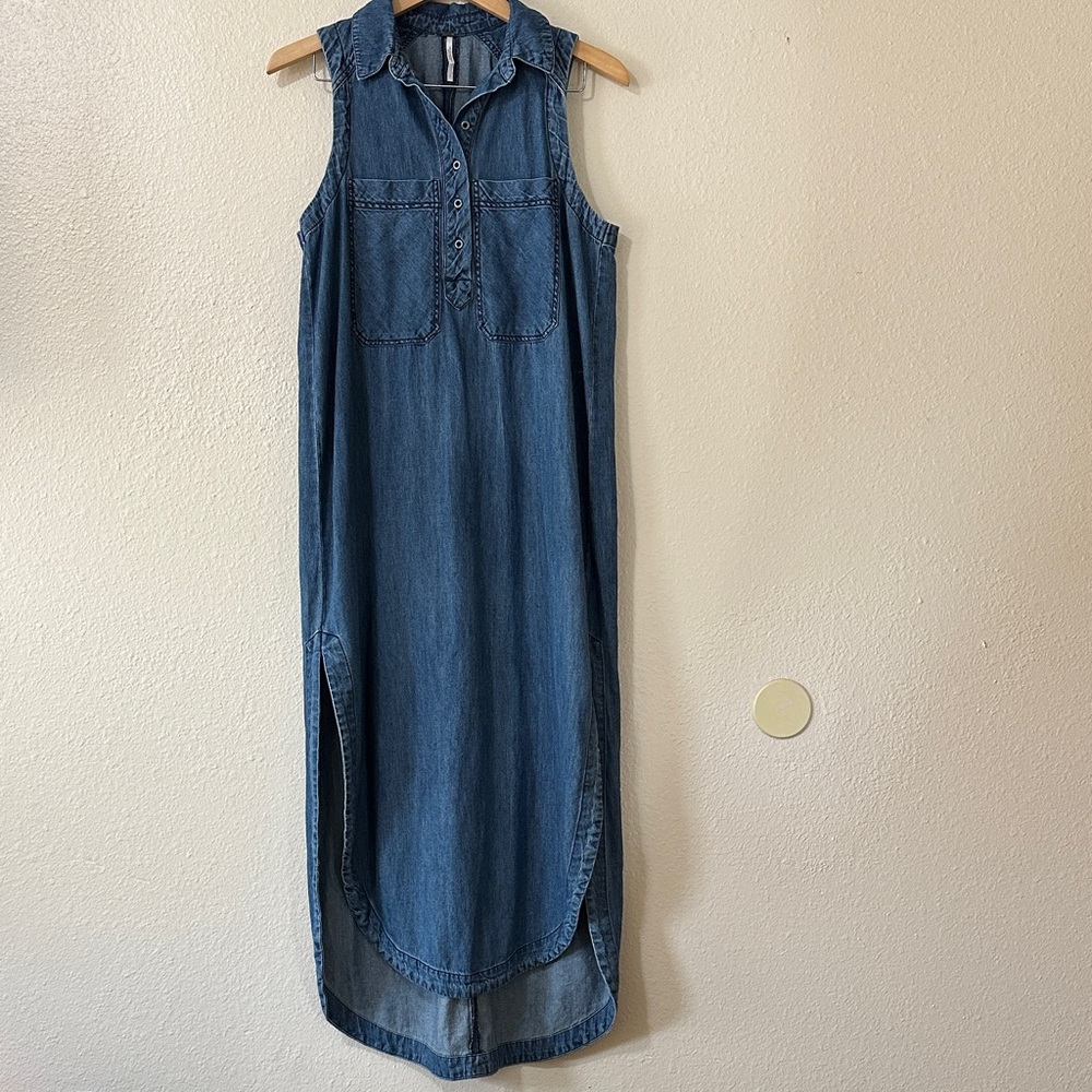 Free People Sleeveless Denim Maxi Dress with Side Slits
